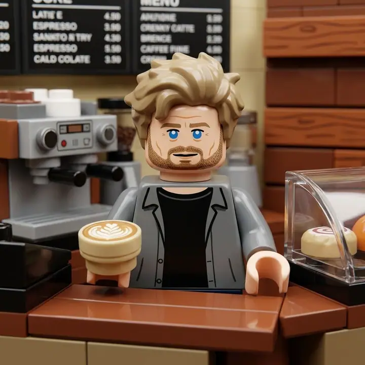 AI example of a plastic brick minifigure version of a man in a tiny brick coffee shop