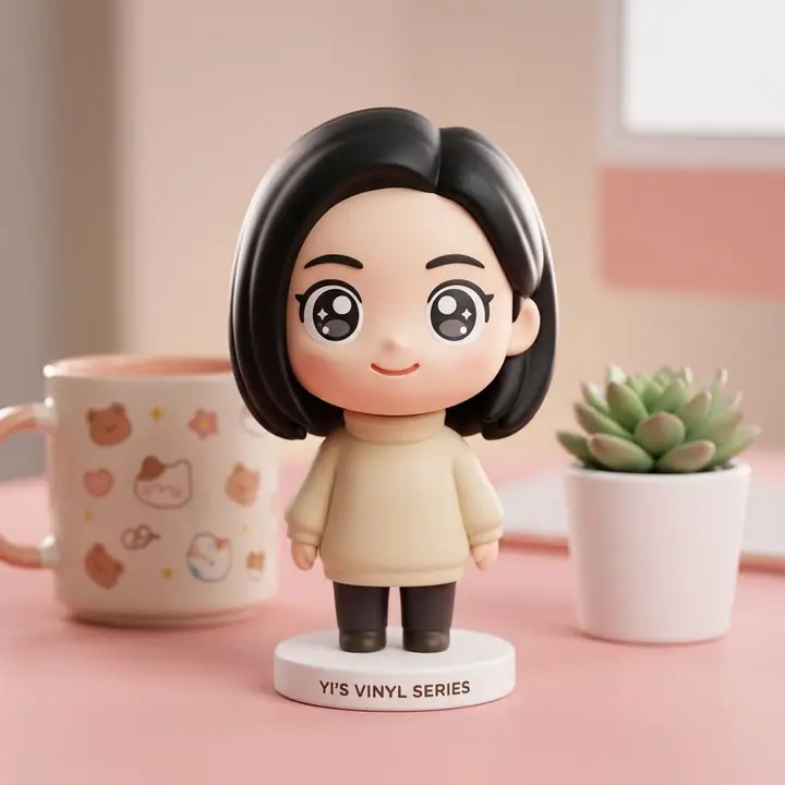 AI example of a chibi big-head vinyl figure of a woman with a black bob on a pastel desk