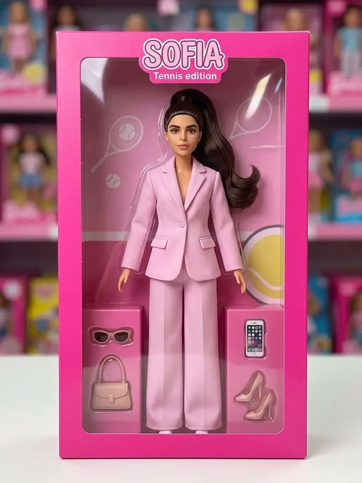 AI example of a woman as a fashion doll in a pink display box with mini accessories