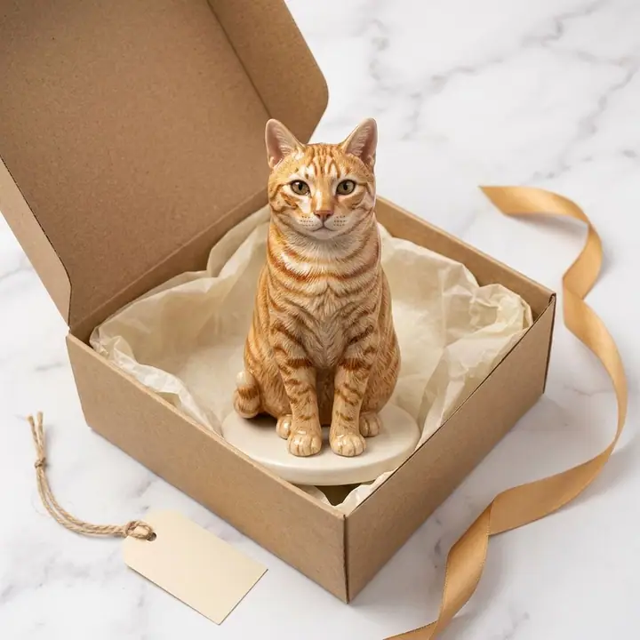 AI example of an orange tabby cat turned into a small painted figurine inside an open gift box