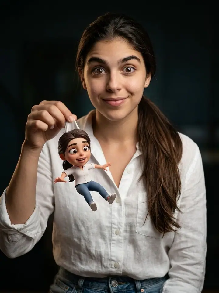 Woman holding a tiny flailing 3D cartoon version of herself