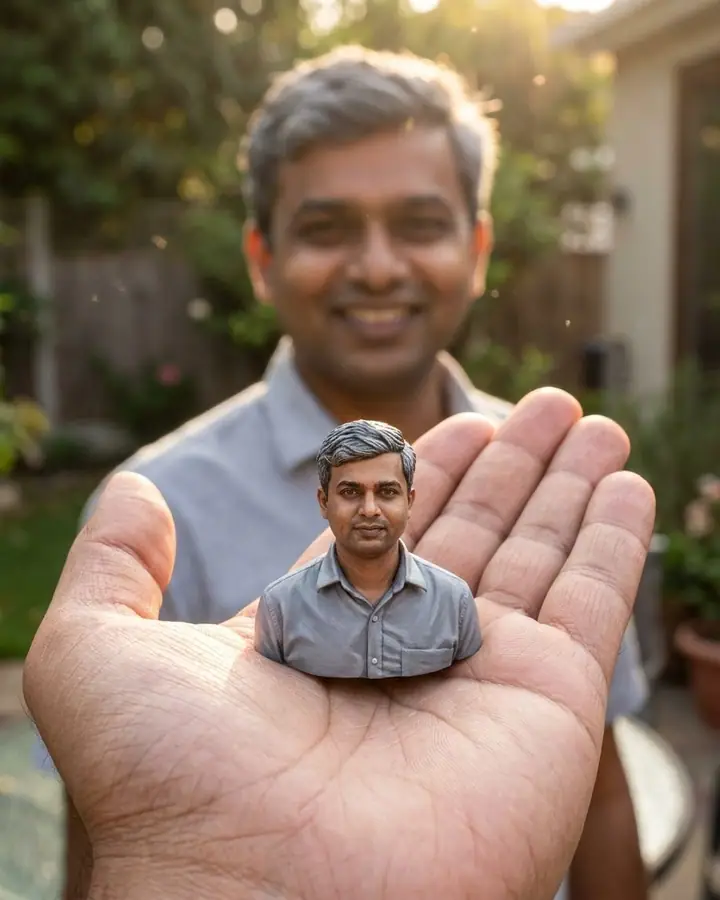 AI example of a tiny painted figurine of a man standing on an open palm