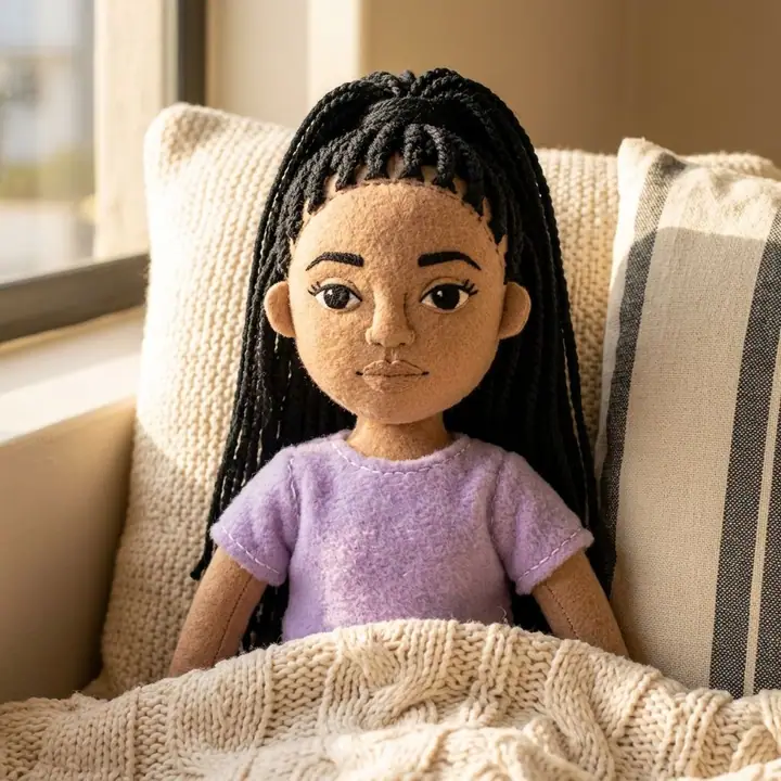 AI example of a woman with braids recreated as a stitched plush doll on a knitted blanket