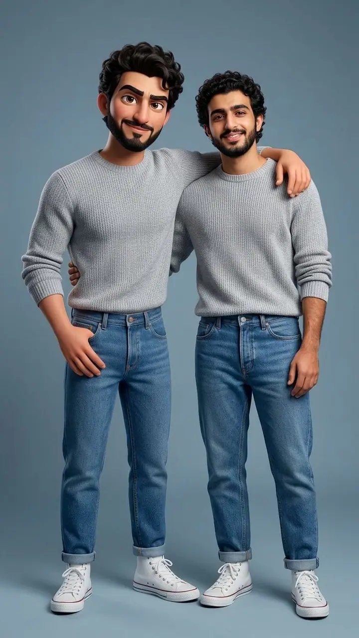 Man standing beside a larger 3D animated version of himself in matching clothes