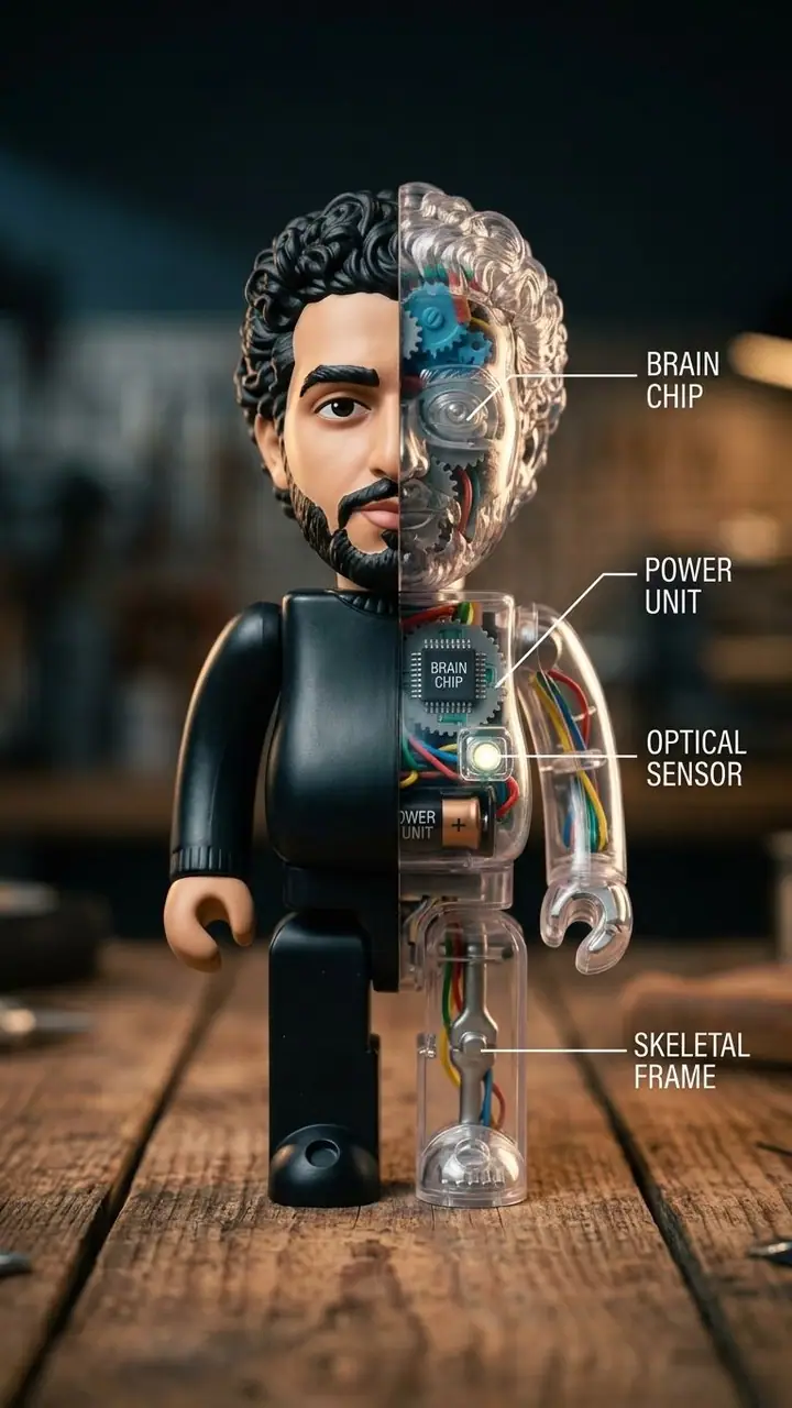 Toy figure split down the middle showing gears and electronics inside one half