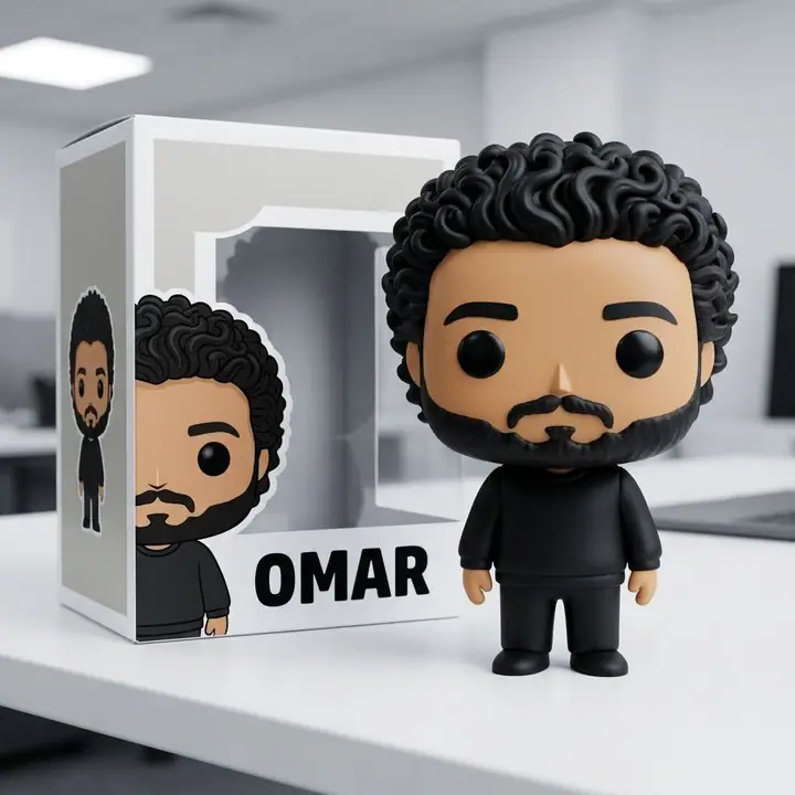 AI example of a big-head vinyl collectible figure of a man next to its window box