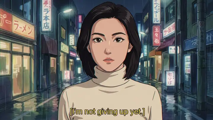 AI example of a 1990s cel-anime frame of a woman in a neon city at night