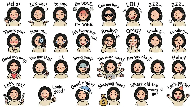 Grid of cute chibi chat stickers of one character with handwritten phrases