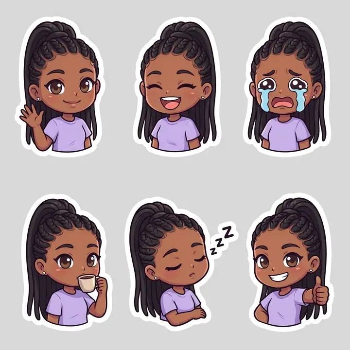 AI example of a sheet of six chibi stickers of a woman with braids