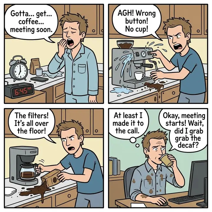 AI example of a four-panel colour comic strip about a chaotic morning