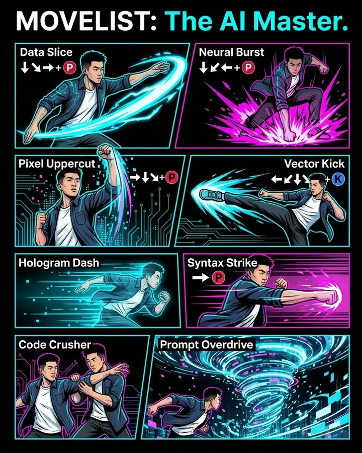 Comic-style fighting game moveset poster with action poses, move names and button inputs