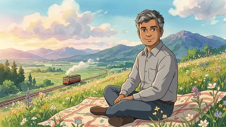 AI example of a family picnic scene drawn in a soft hand-painted anime style