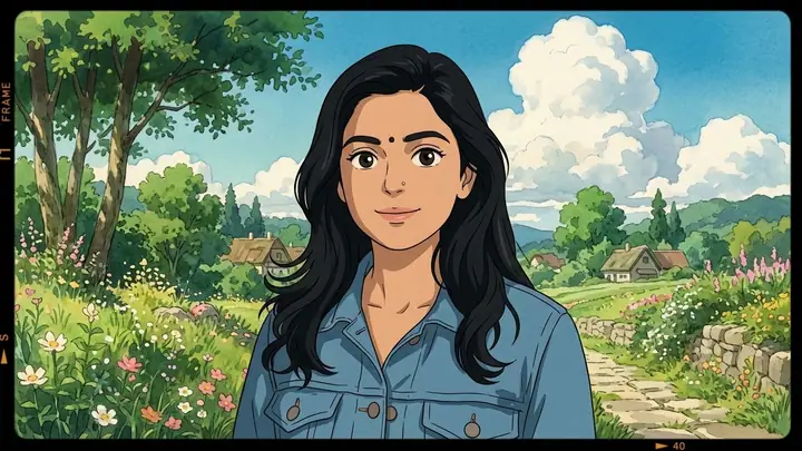 AI example of a woman redrawn in a soft hand-painted anime style with green hills and clouds