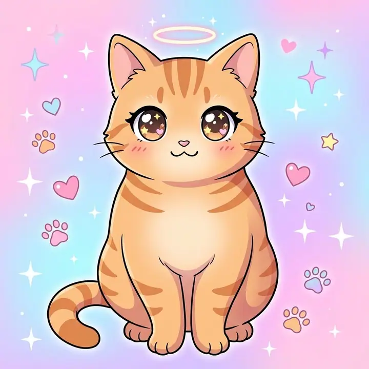 AI example of an orange tabby cat as a kawaii anime mascot with sparkles