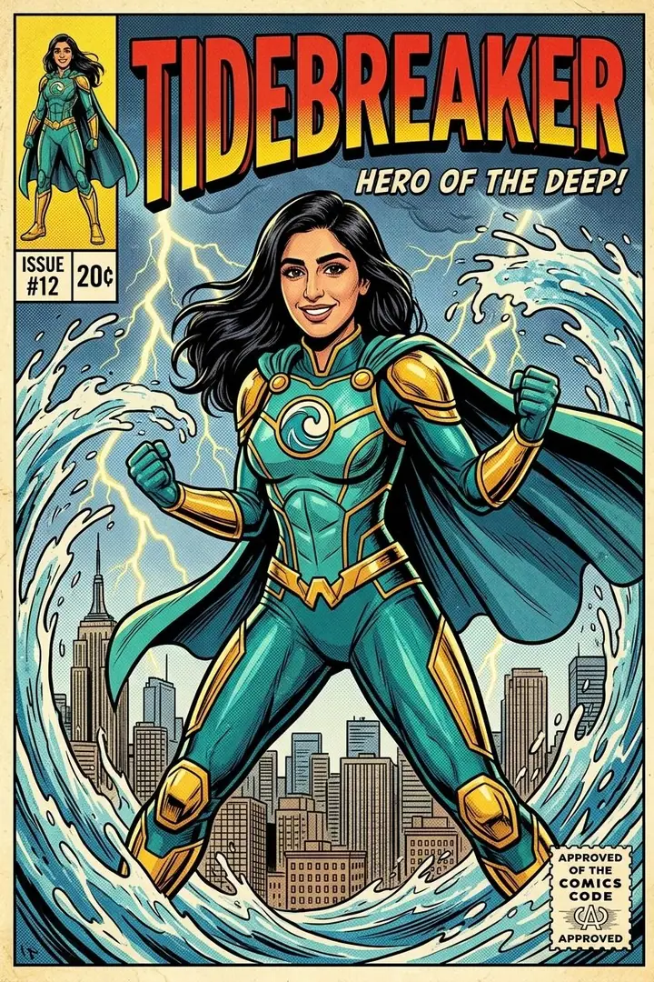 AI example of a vintage-style comic book cover with a woman as an original superhero