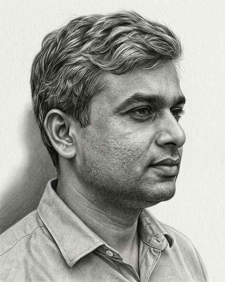 Hyperrealistic graphite pencil drawing of a person in profile on white paper