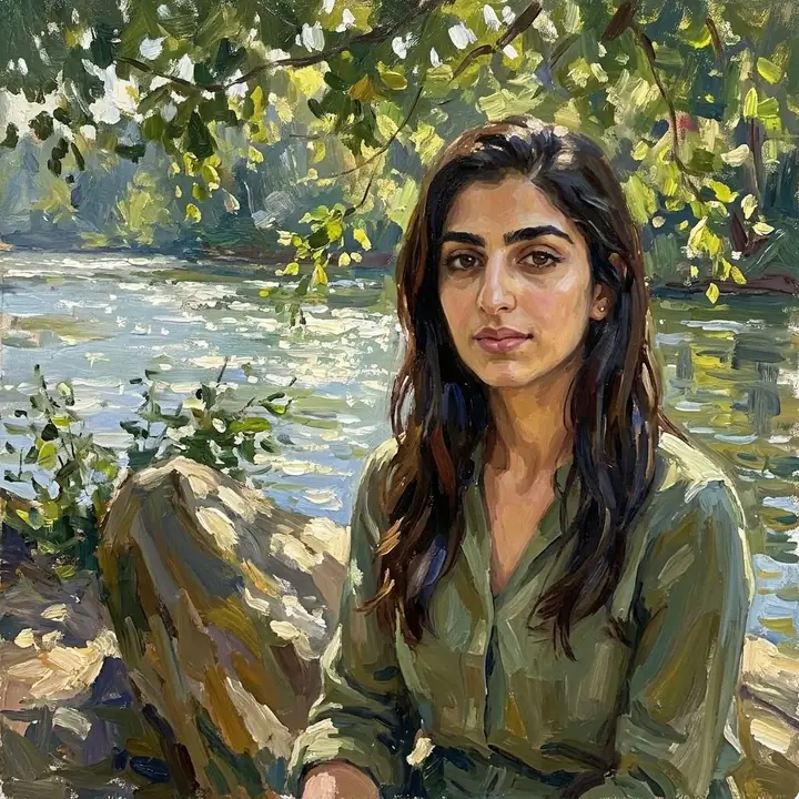 Impressionist painting of a woman sitting by a river under leafy trees