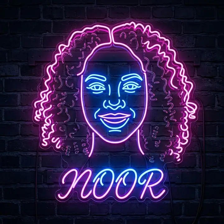AI example of a neon sign outlining a woman's face on a brick wall
