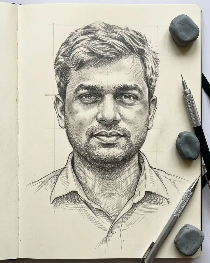 AI example of a graphite pencil portrait of a man on a sketchbook page