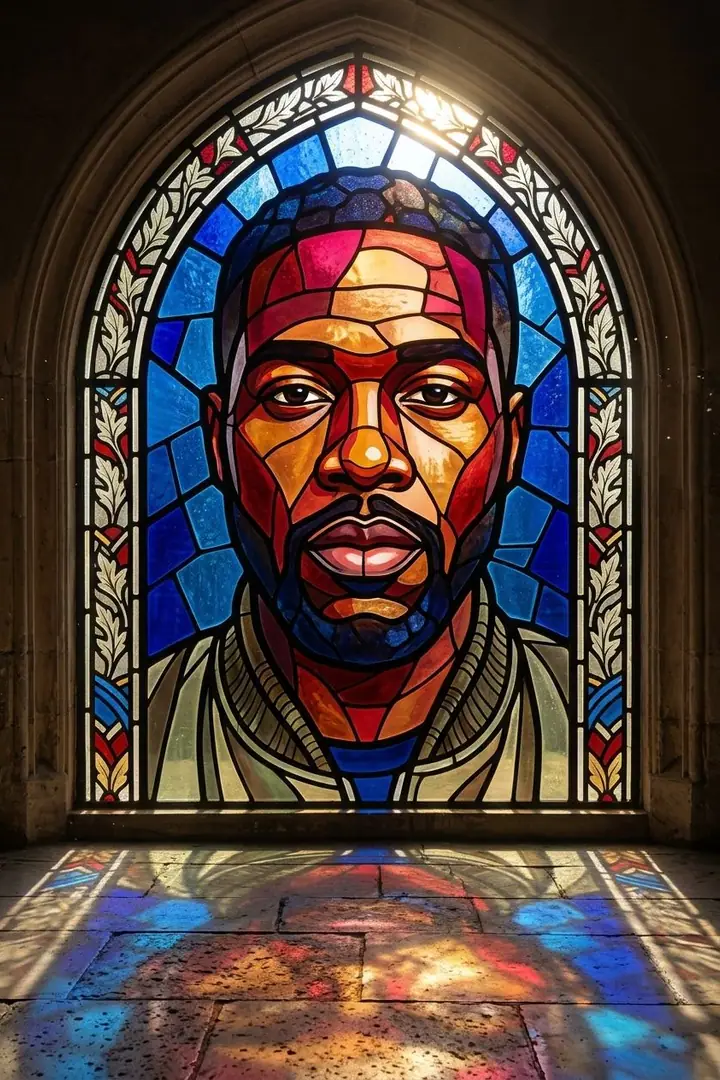 AI example of a glowing stained glass window portrait of a man