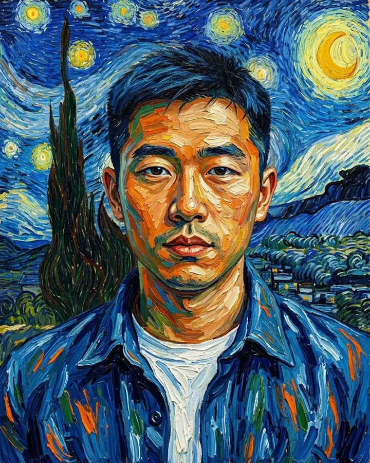 AI example of a portrait painted in swirling post-impressionist brushstrokes under a starry sky