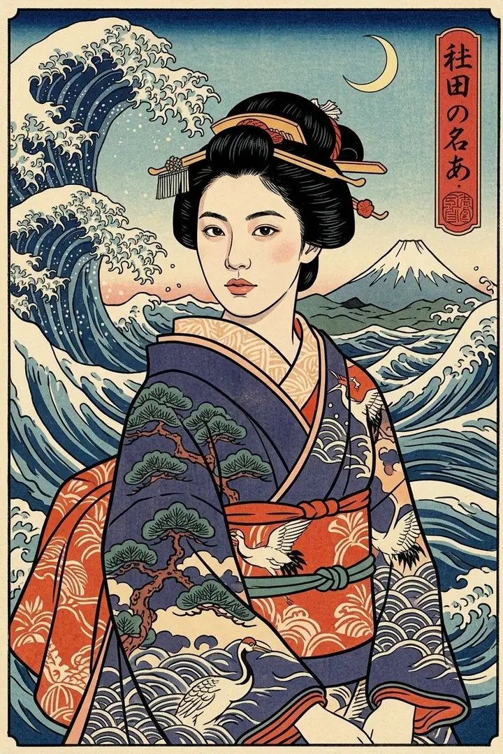AI example of a woman depicted in a Japanese ukiyo-e woodblock print style