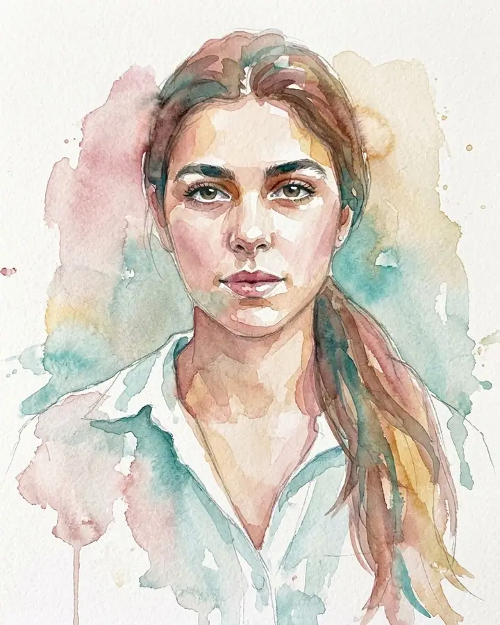 AI example of a loose watercolour portrait of a woman on textured paper