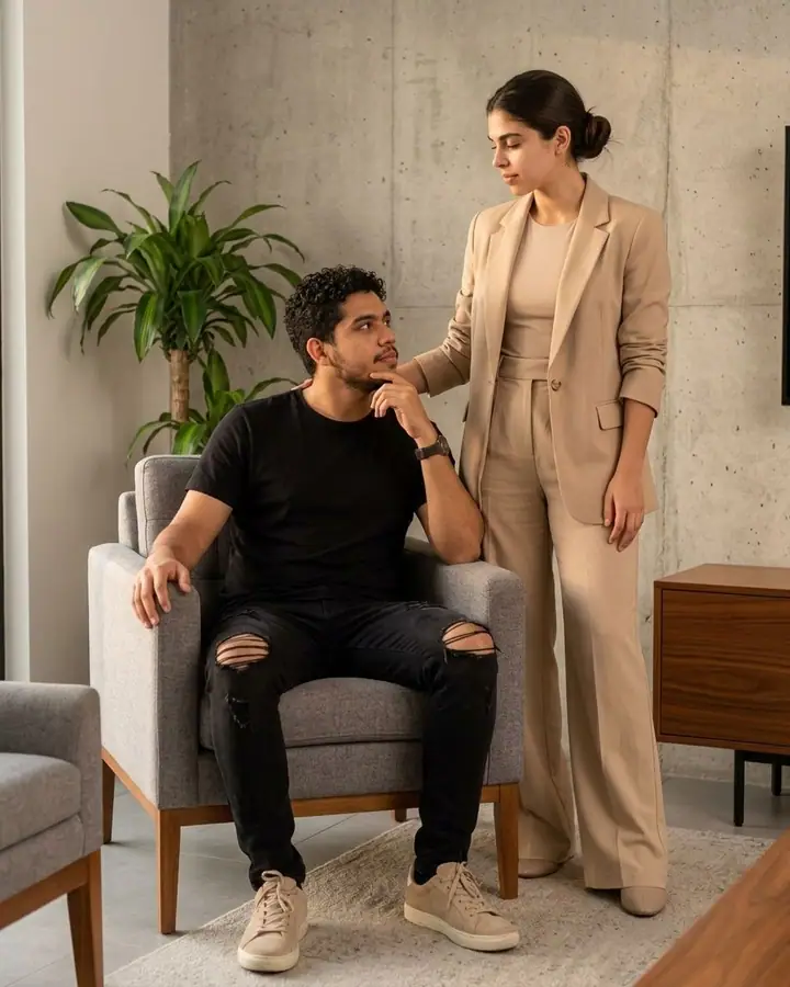 Man seated in an armchair with his partner standing beside him in a minimal studio