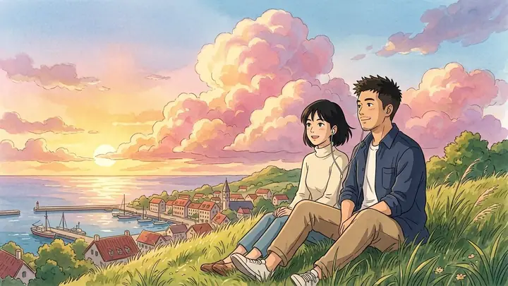 AI example of a couple drawn as anime characters on a hill above a seaside town