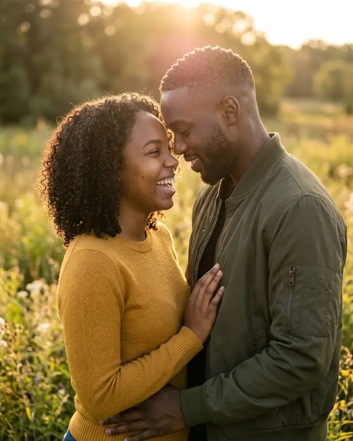 AI example of a couple standing close in a meadow at golden hour