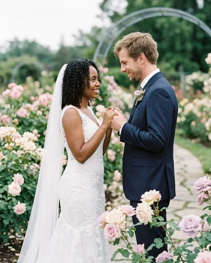 AI example of a wedding portrait of a couple in a rose garden