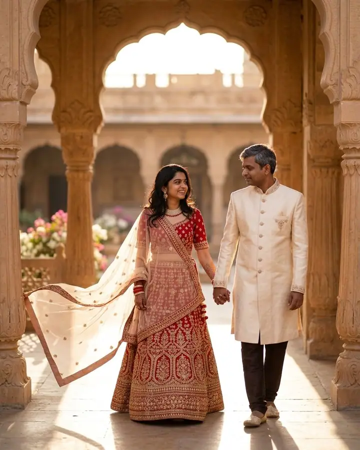 AI example of a couple in wedding outfits walking through a palace courtyard