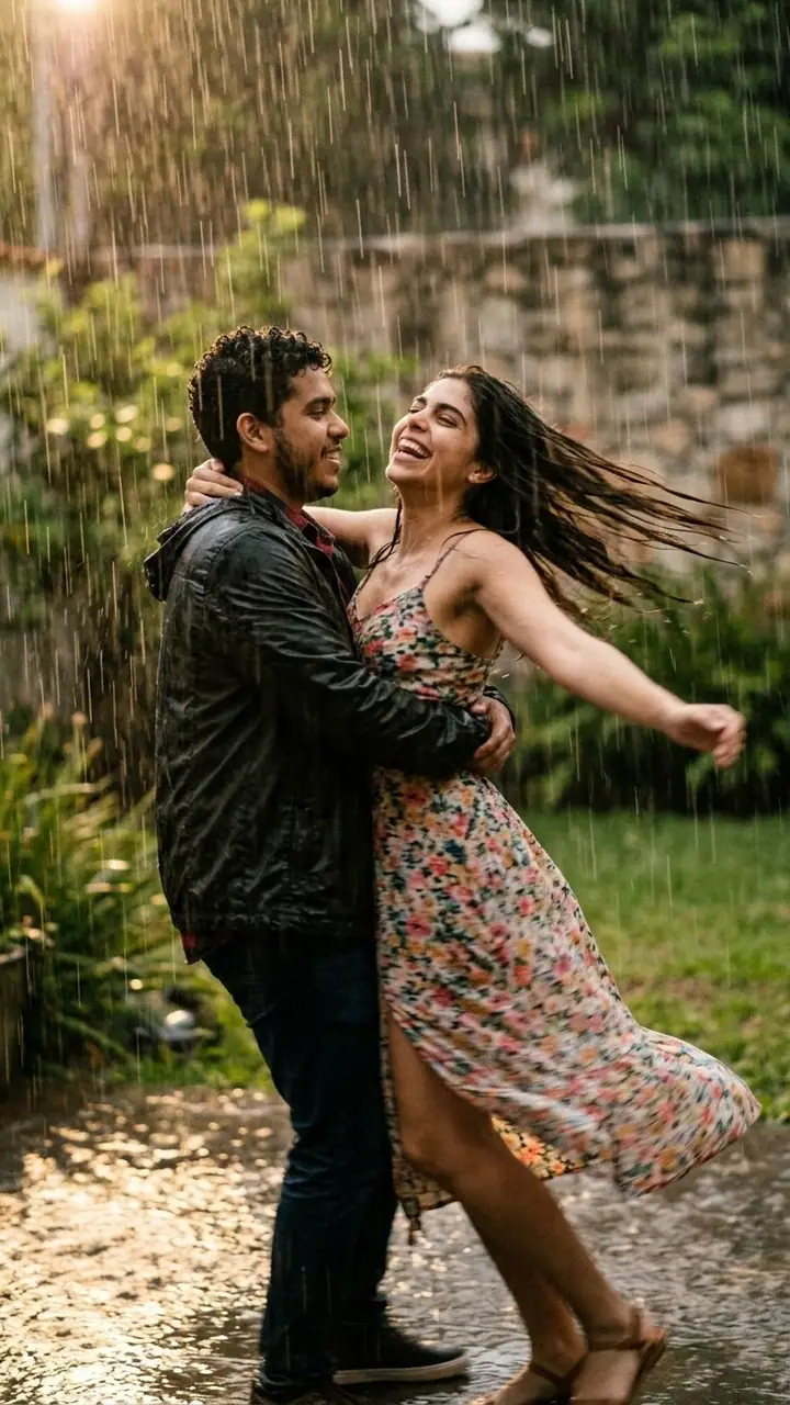 Couple laughing and spinning together outdoors in warm evening light