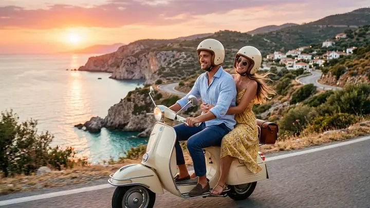 Couple riding a vintage scooter along a coastal road at sunset