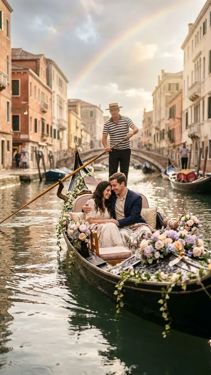 Couple sitting close in a flower-decorated gondola on a misty Venetian canal