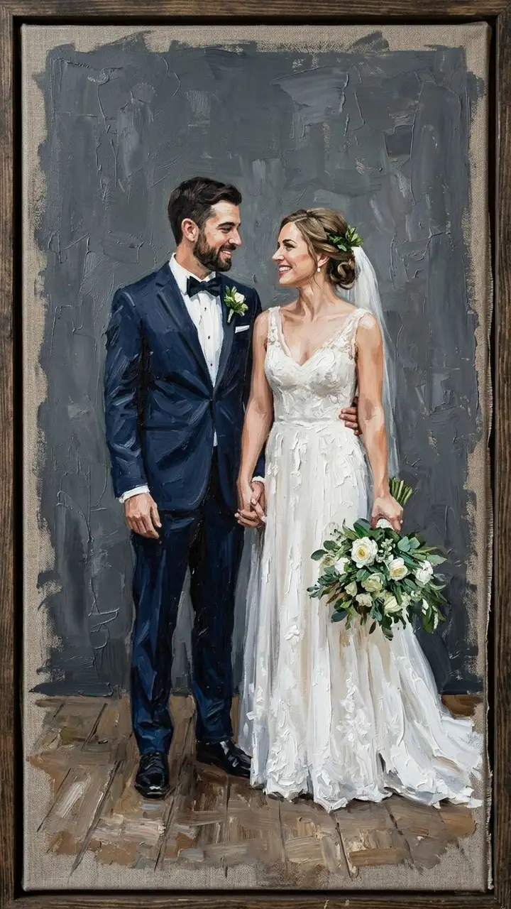 Oil painting of a bride and groom standing together against a gray background