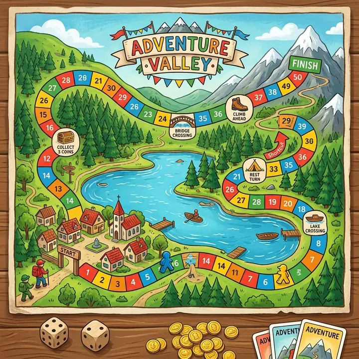 AI example of a mountain valley turned into an illustrated board game