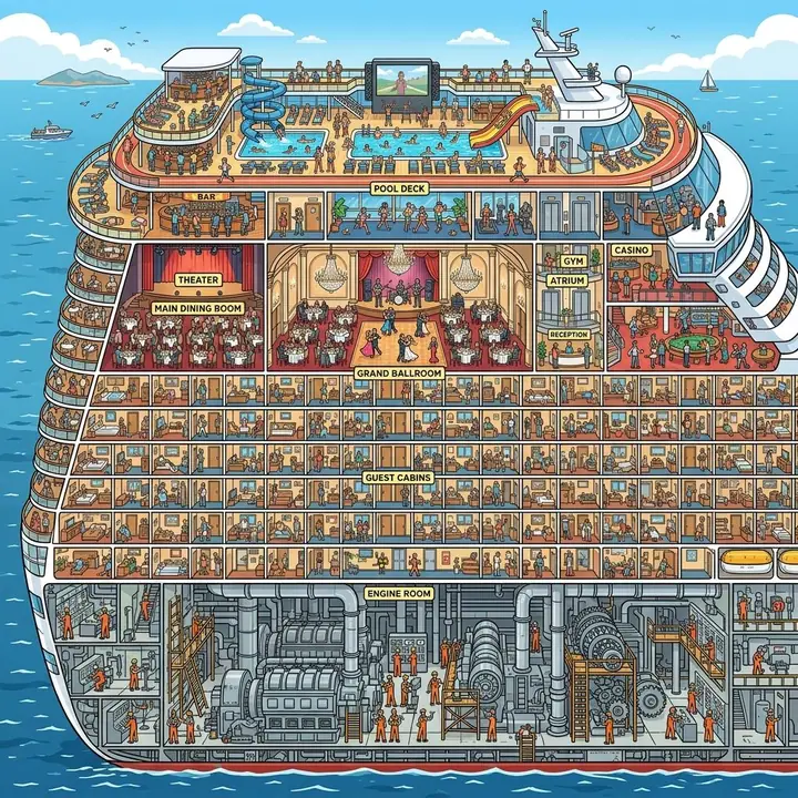 Vector cutaway of a cruise ship with tiny people in the engine room, ballroom and cabins