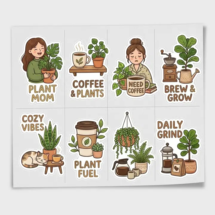 AI example of a sheet of eight cute houseplant and coffee themed stickers