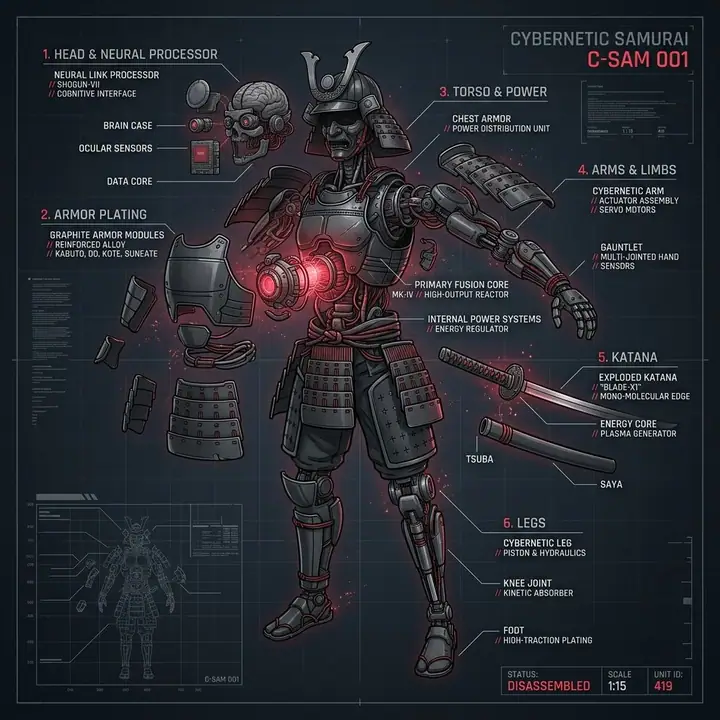 Exploded technical illustration of a cybernetic samurai with labeled parts