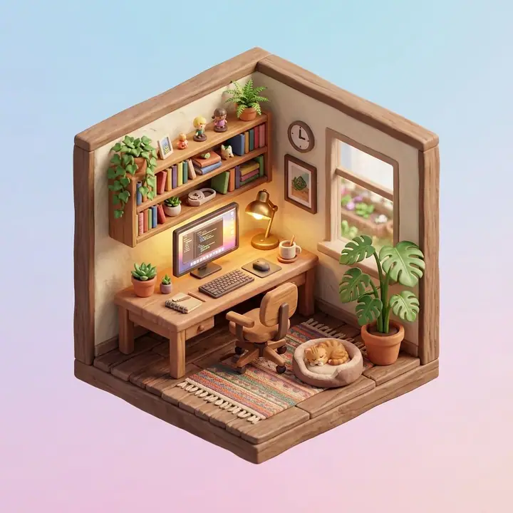 AI example of an isometric 3D cutaway of a cosy home office diorama