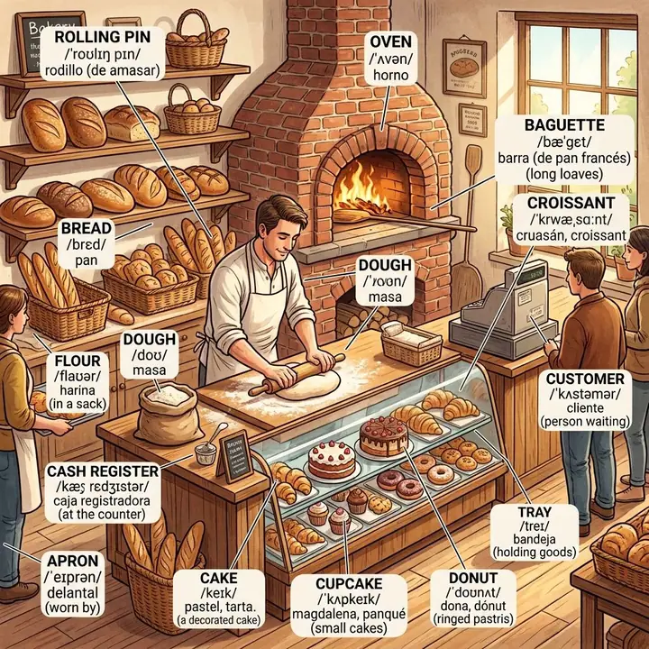 Pet shop illustration with every object labeled with word, IPA and translation