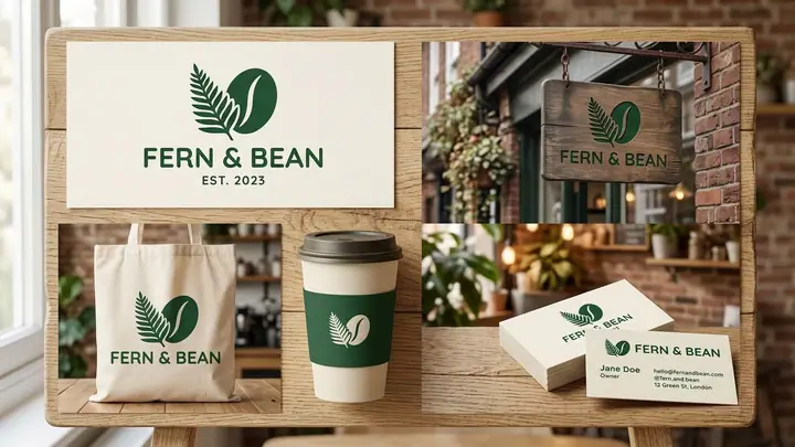 AI example of a café logo shown on a shop sign, tote bag, takeaway cup and business card