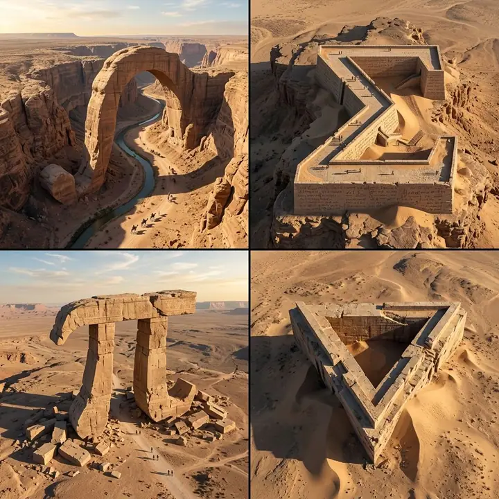 Integral, sigma, pi and Penrose triangle carved into desert terrain