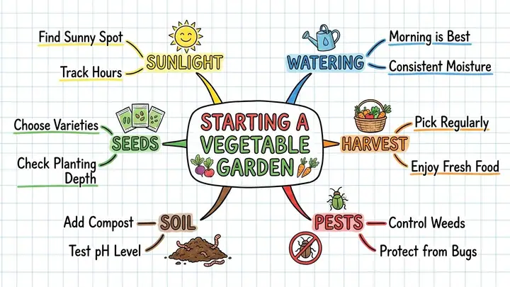AI example of a colourful hand-drawn mind map about starting a vegetable garden
