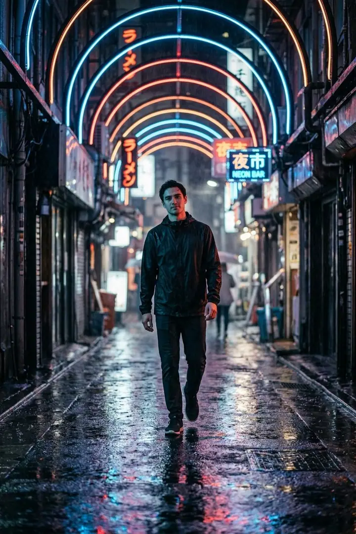 Lone man walking toward the camera under neon arches in a rainy alley
