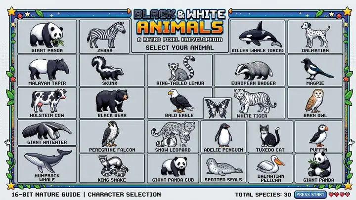 16-bit pixel art grid of labeled black and white animals