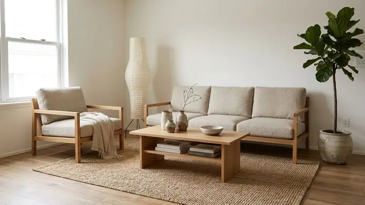 AI example of an empty living room furnished in a warm Japandi style