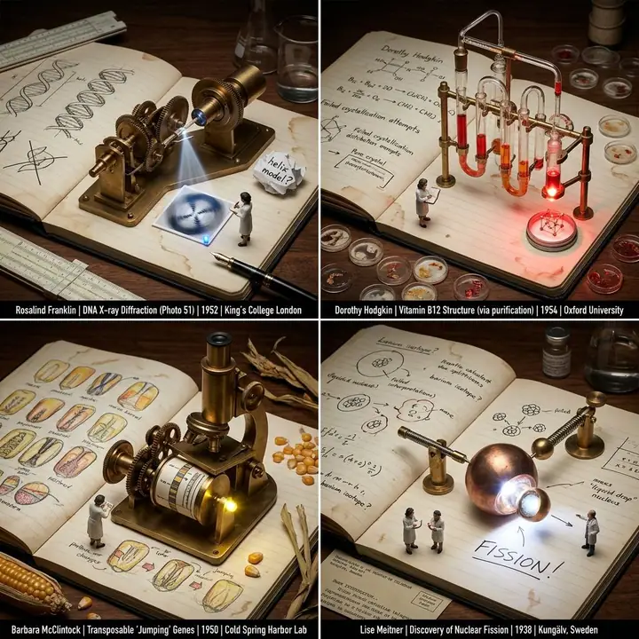 Four brass and glass machines rising from open lab notebooks with tiny scientists