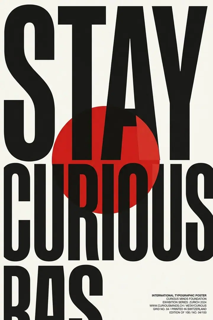 AI example of a Swiss-style typography poster with bold black words and a red circle